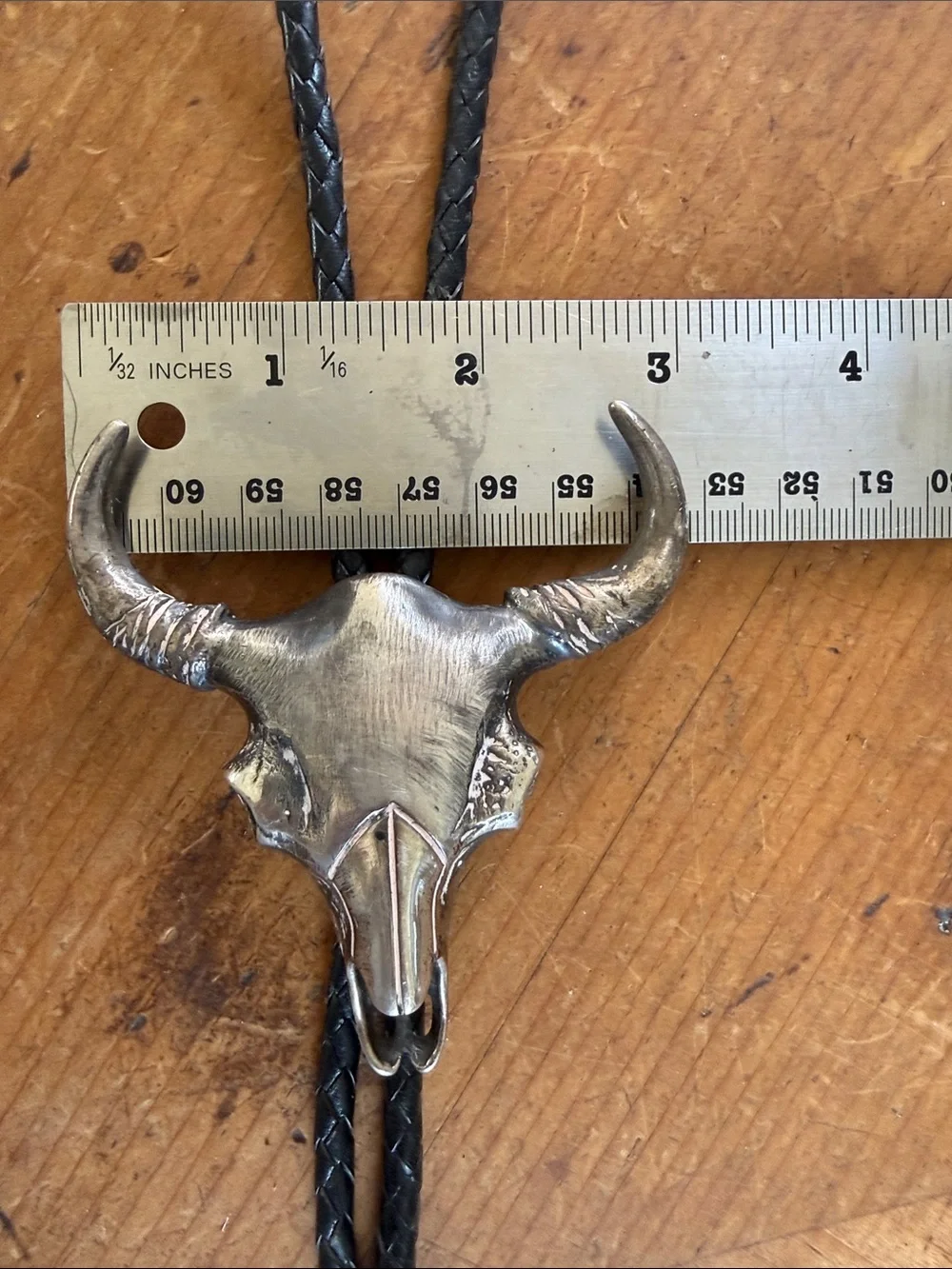 Vintage R. Sereno Sterling Silver Buffalo Skull Bolo Tie Western Leather  925